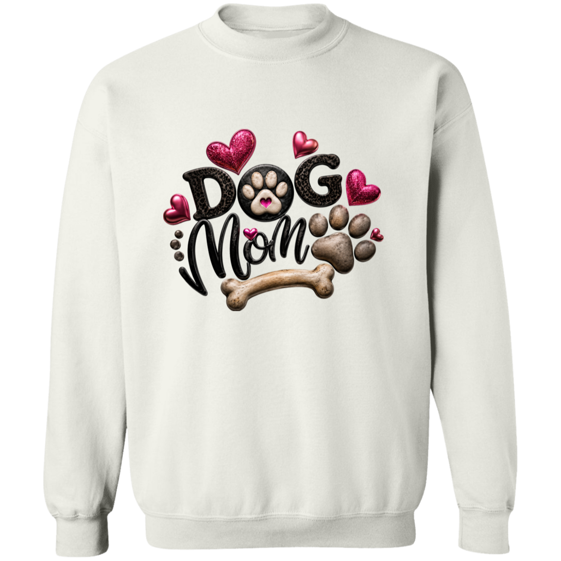 An off-white crewneck sweatshirt featuring a 'Dog Mom' graphic on the chest with pink hearts, a bone, and a paw print.