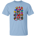 A LIGHT BLUE graphic t-shirt featuring a colorful autism awareness teddy bear design with the text 'Praise Not Less Autism Awareness It's a DIFFERENT kind of awesome'.