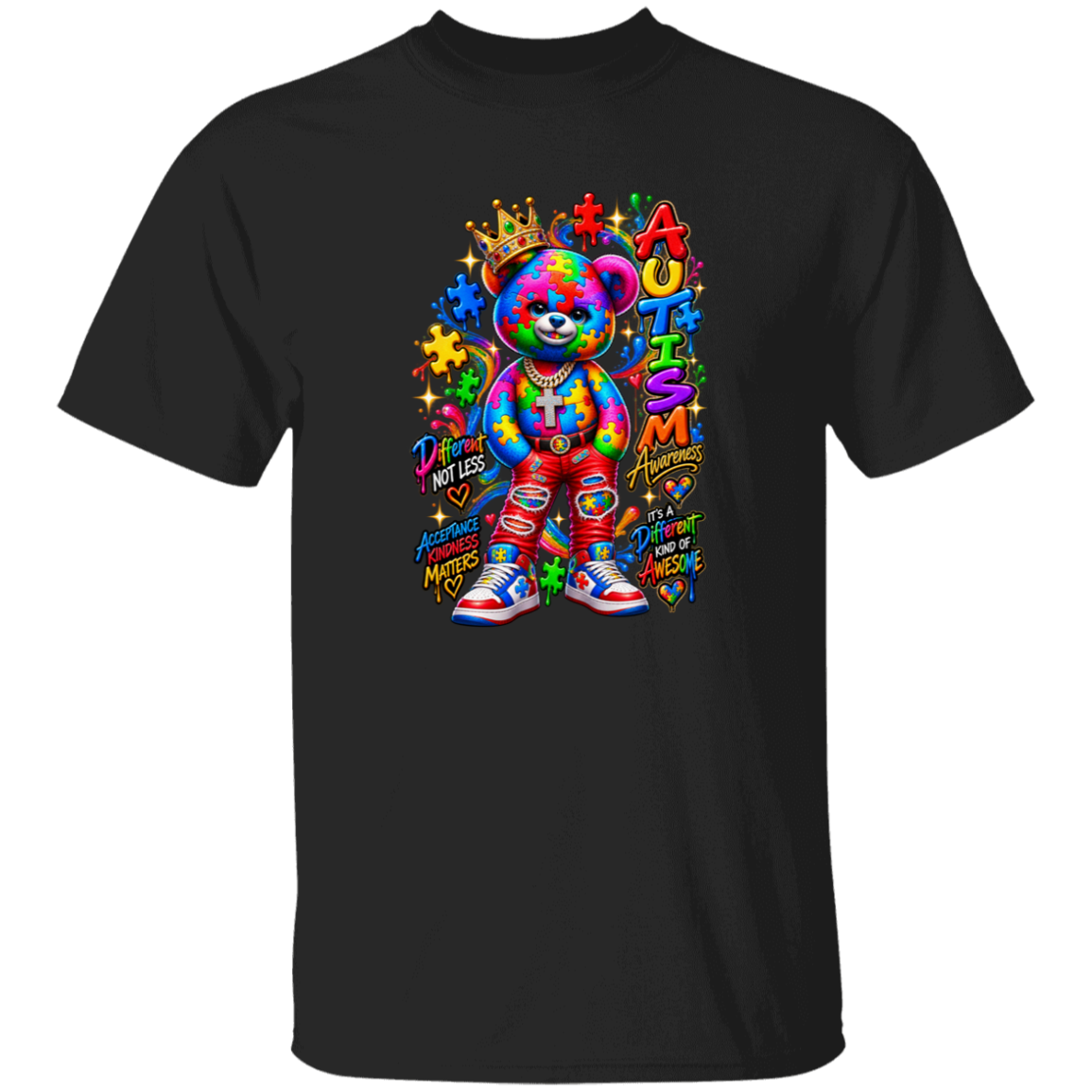 A black short-sleeve crewneck t-shirt featuring a colorful graphic of a teddy bear with a rainbow tie-dye pattern, a gold crown, and the word 'AUTISM' in stylized letters, set against a plain white background.