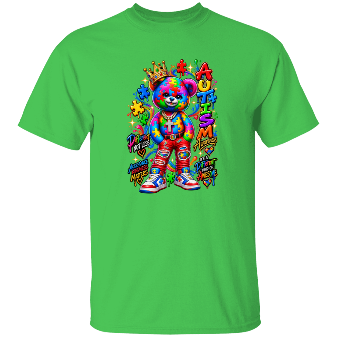 A bright green short-sleeve crewneck t-shirt featuring a colorful graphic of a teddy bear with a tie-dye pattern, a crown, and the word 'AUTISM' in colorful letters, set against a plain white background.