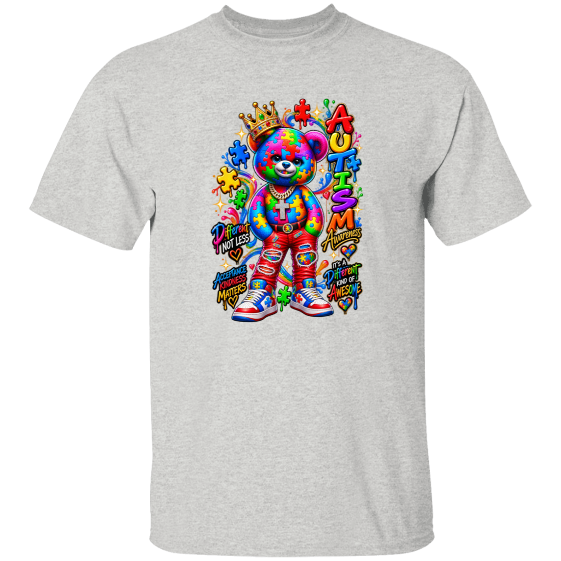 A heather gray short-sleeve t-shirt featuring a large, vibrant graphic of a teddy bear with a rainbow tie-dye pattern, colorful graffiti-style text, and a crown on the chest.