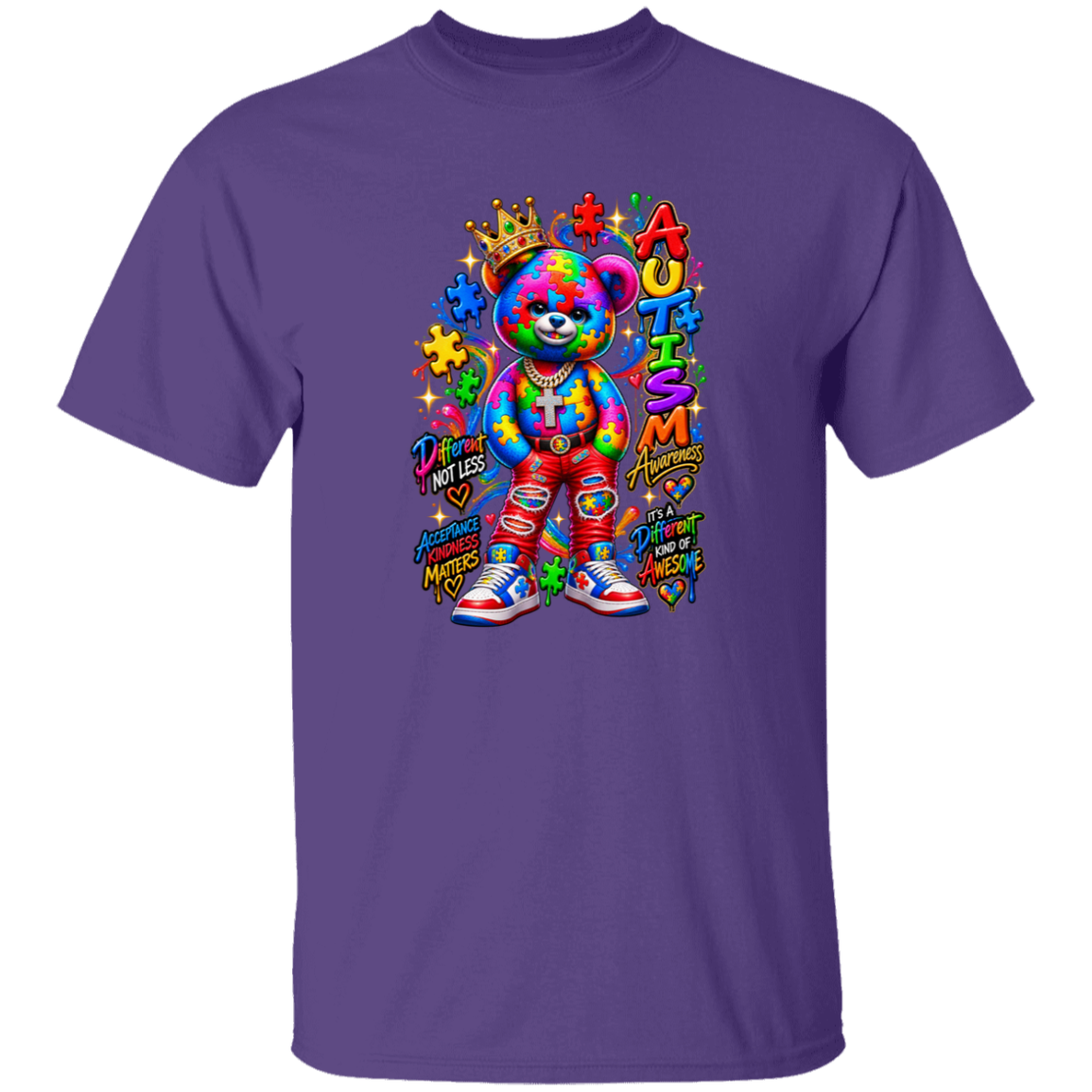 A purple short-sleeve crewneck t-shirt featuring a colorful graphic of a teddy bear with a tie-dye pattern, a crown, and the word 'AUTISM' in stylized letters.