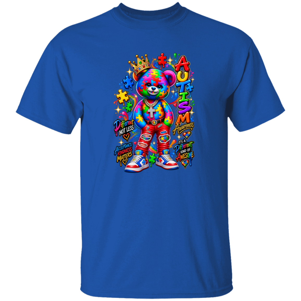 A royal blue short-sleeve crewneck t-shirt featuring a colorful graphic of a teddy bear with a rainbow tie-dye pattern, a gold crown, and the word 'AUTISM' in colorful letters, set against a plain white background.