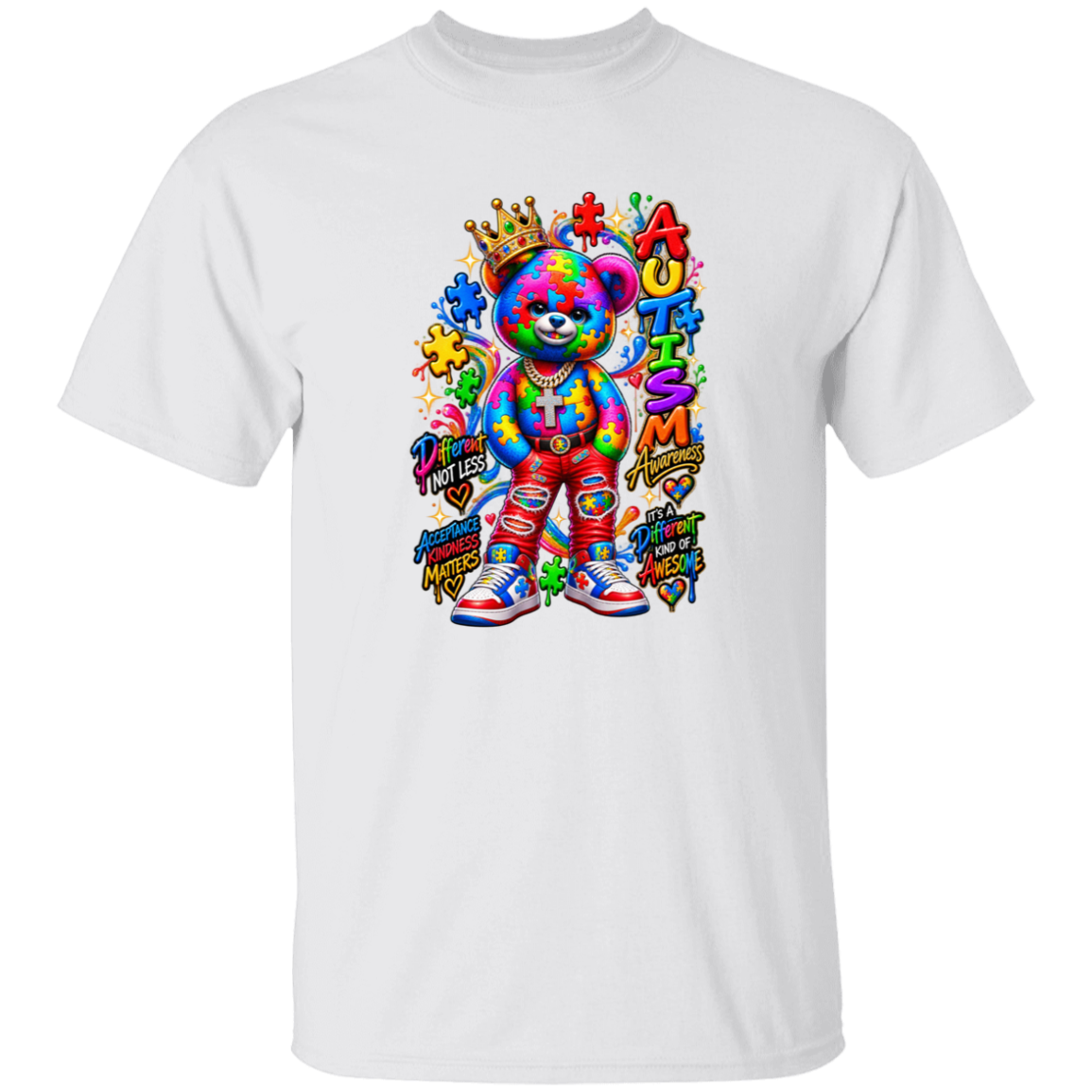A white short-sleeve crewneck t-shirt featuring a colorful graphic of a teddy bear with a rainbow tie-dye pattern, a gold crown, and graffiti-style text that reads 'Autism is Love'.