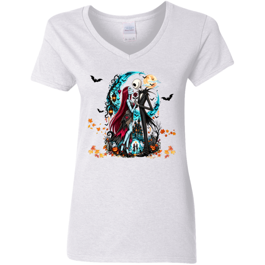A white heather V-neck t-shirt featuring a colorful graphic print of Jack Skellington and Sally from 'The Nightmare Before Christmas' with bats, pumpkins, and orange leaves.