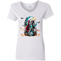 A white heather V-neck t-shirt featuring a colorful graphic print of Jack Skellington and Sally from 'The Nightmare Before Christmas' with bats, pumpkins, and orange leaves.
