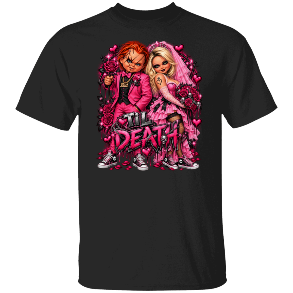A black short-sleeve crewneck t-shirt featuring a large graphic print of Chucky and Tiffany in pink wedding attire with roses and the text 'Till Death'.