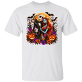 A white short-sleeve crewneck t-shirt featuring a colorful graphic print of Jack Skellington and Sally from 'The Nightmare Before Christmas' embracing, surrounded by pumpkins, flowers, and bats.
