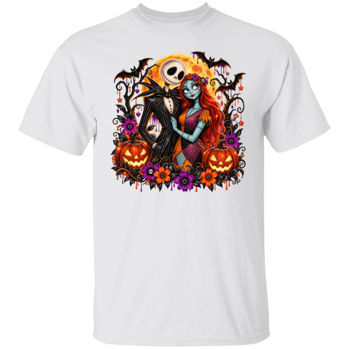 A white short-sleeve crewneck t-shirt featuring a colorful graphic print of Jack Skellington and Sally from 'The Nightmare Before Christmas' embracing, surrounded by pumpkins, flowers, and bats.