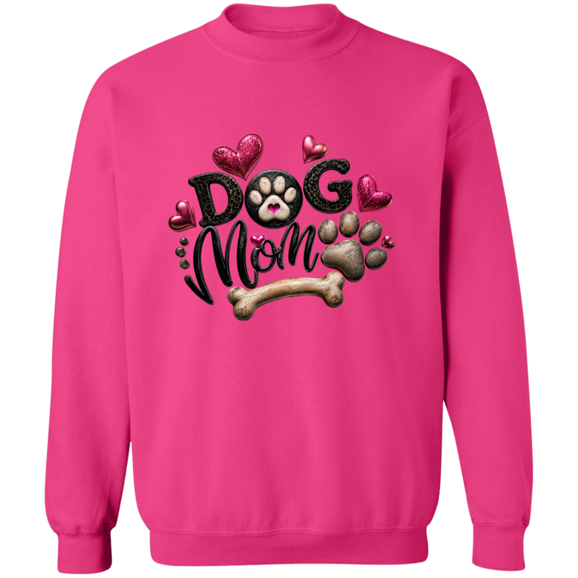 A bright pink crewneck sweatshirt featuring a 'Dog Mom' graphic on the chest with black glitter-style lettering, pink hearts, a paw print with a white center, and a bone.