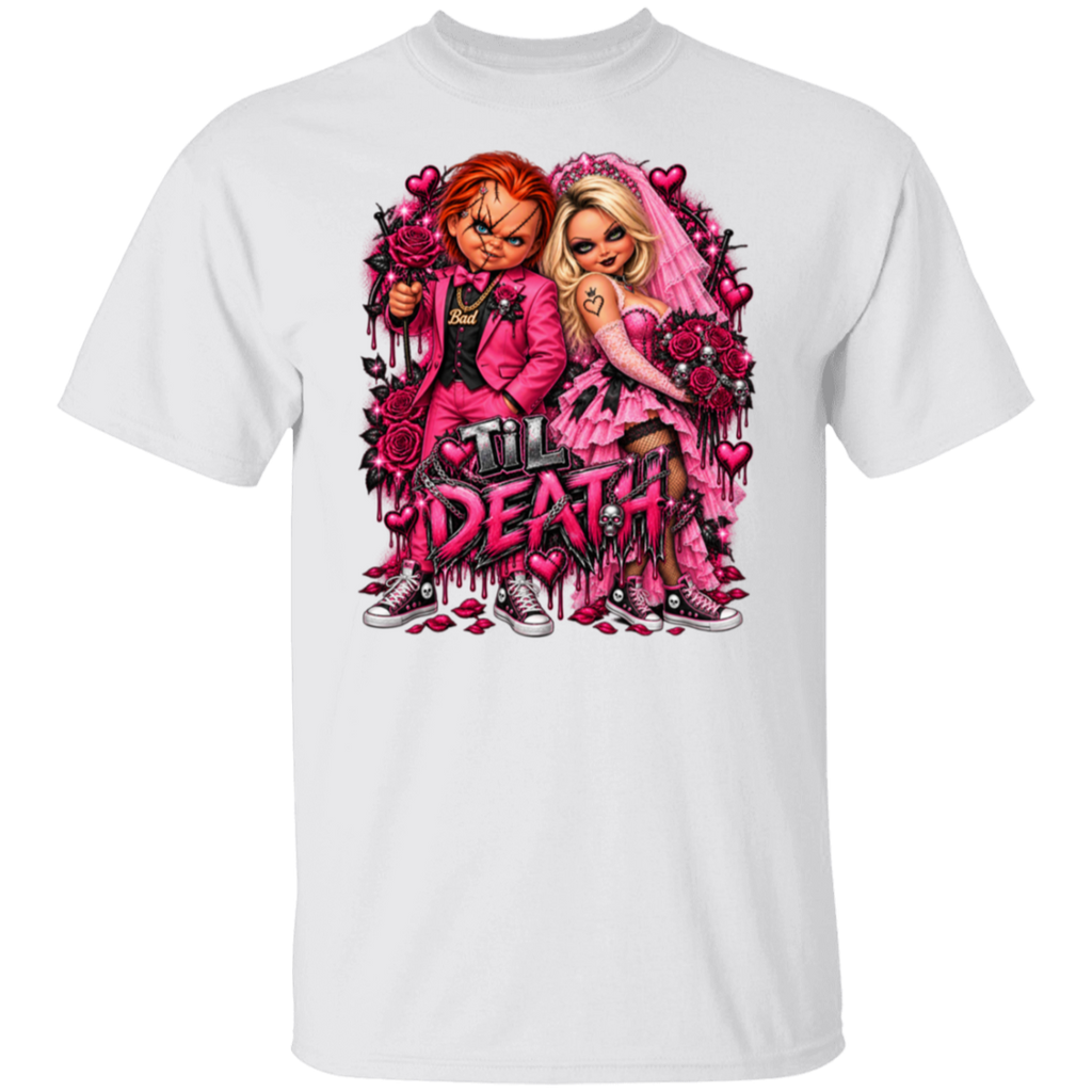 A white short-sleeve crewneck t-shirt featuring a large graphic print of Chucky and Tiffany in pink wedding attire with roses and the text 'I'LL DEATH' in a dripping font.