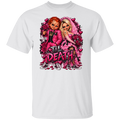 A white short-sleeve crewneck t-shirt featuring a large graphic print of Chucky and Tiffany in pink wedding attire with roses and the text 'I'LL DEATH' in a dripping font.