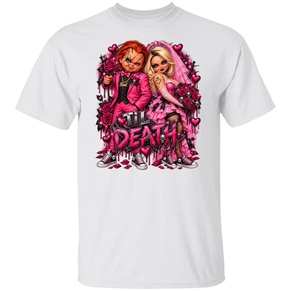 A white short-sleeve crewneck t-shirt featuring a large graphic print of Chucky and Tiffany in pink wedding attire with roses and the text 'I'LL DEATH' in a dripping font.