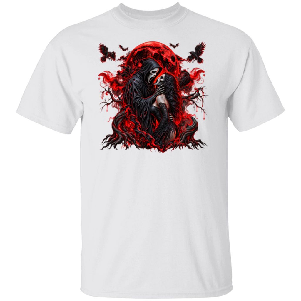 A white crew neck shirt with a  bold gothic horror design featuring a haunting masked couple surrounded by a glowing blood-red moon, twisted trees, ravens, bats, and smoky red accents. Perfect for horror lovers, Halloween, and anyone who loves a little dark romance.
