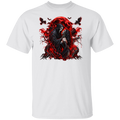 A white crew neck shirt with a  bold gothic horror design featuring a haunting masked couple surrounded by a glowing blood-red moon, twisted trees, ravens, bats, and smoky red accents. Perfect for horror lovers, Halloween, and anyone who loves a little dark romance.