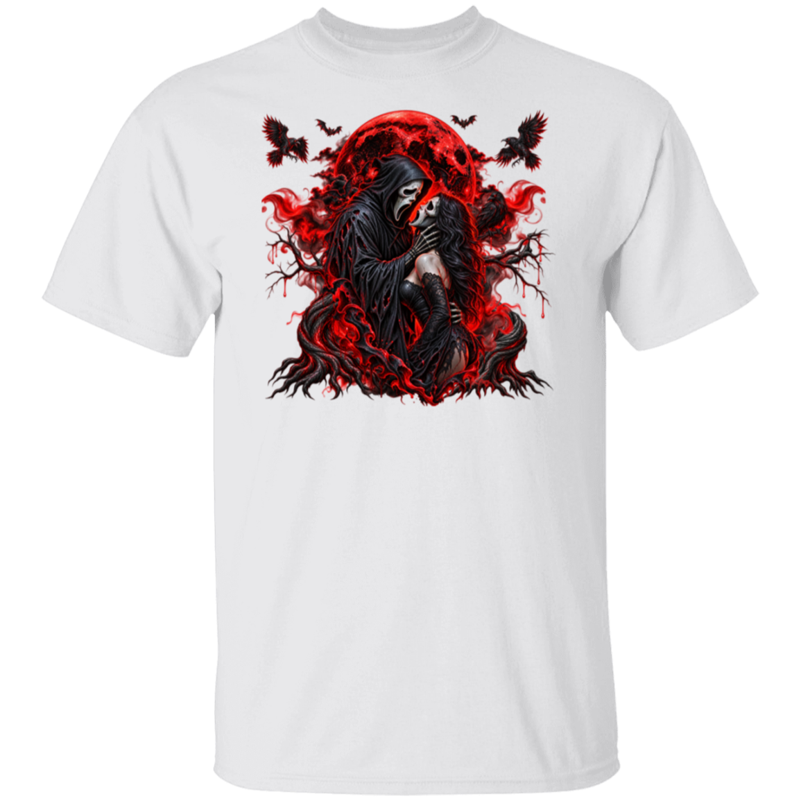 A white crew neck shirt with a  bold gothic horror design featuring a haunting masked couple surrounded by a glowing blood-red moon, twisted trees, ravens, bats, and smoky red accents. Perfect for horror lovers, Halloween, and anyone who loves a little dark romance.