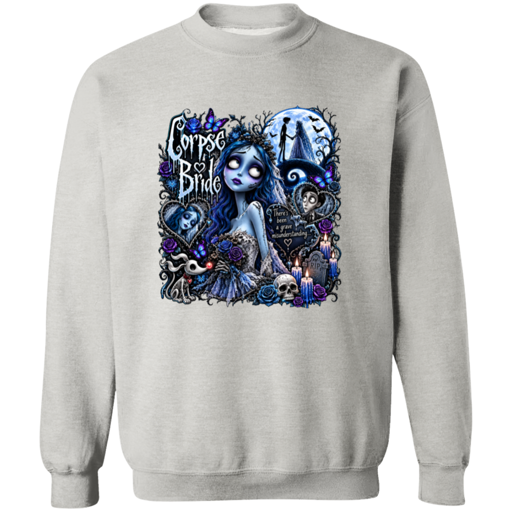 A light gray crewneck sweatshirt featuring a large, detailed gothic graphic on the front. The graphic depicts a pale blue zombie bride surrounded by skulls, candles, roses, and a graveyard scene under a full moon, with the text 'Corpse Bride' written in a stylized font.