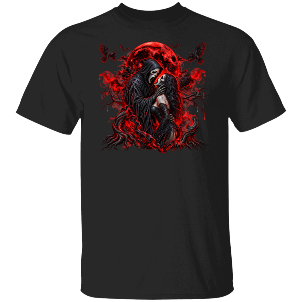 A black crew neck shirt with a bold gothic horror design featuring a haunting masked couple surrounded by a glowing blood-red moon, twisted trees, ravens, bats, and smoky red accents. Perfect for horror lovers, Halloween, and anyone who loves a little dark romance.