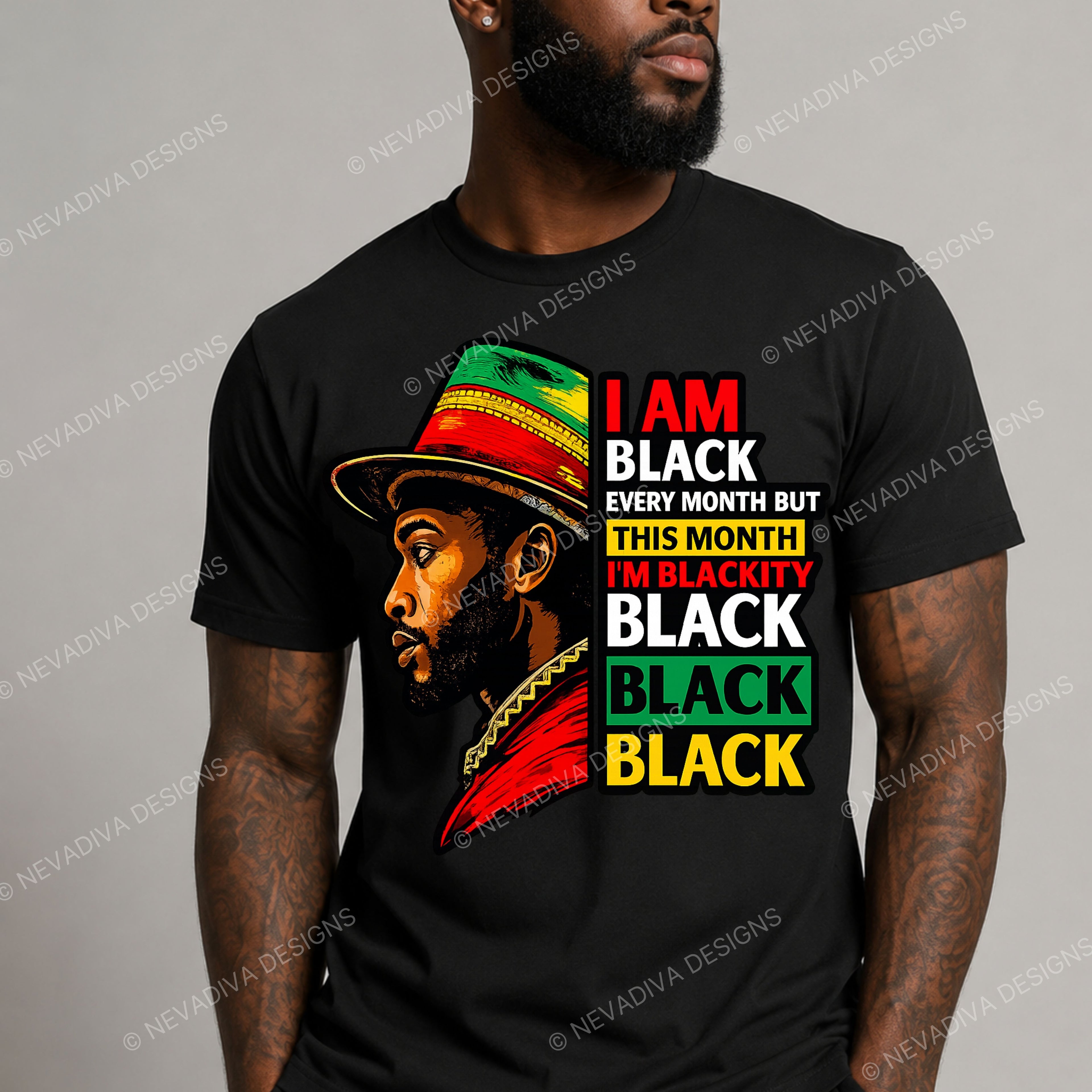Person wearing a black t-shirt with a colorful graphic and text.