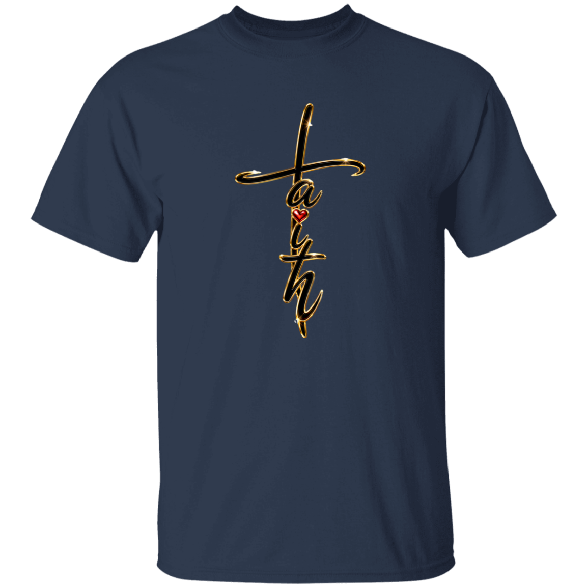 A Navy shirt with the text Faith with a white background