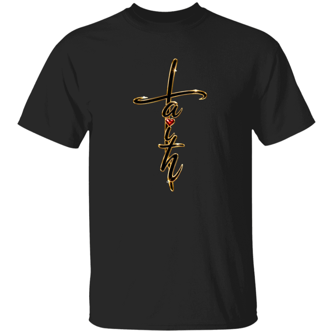 A black shirt with the text Faith with a white background