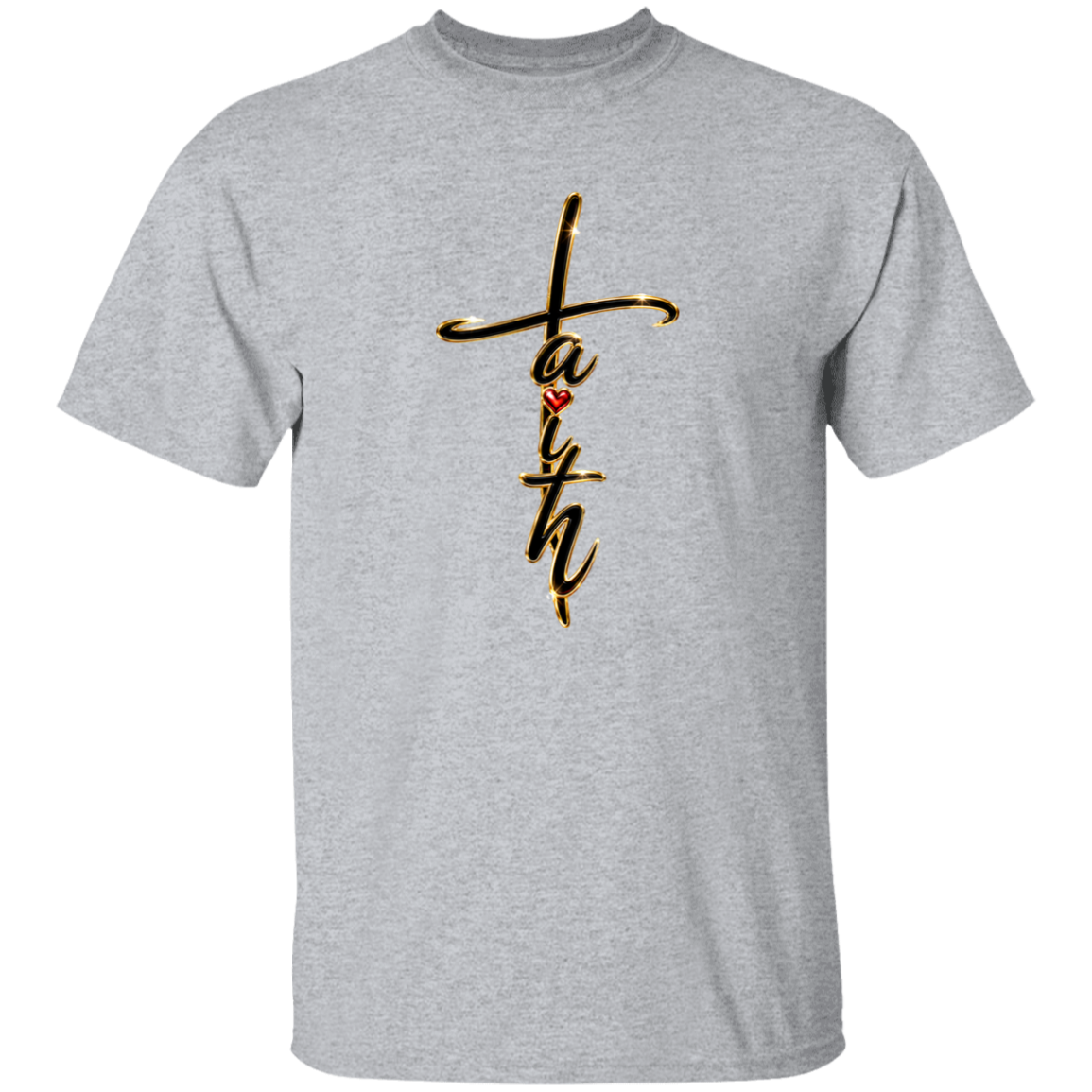 A grey shirt with the text Faith with a white background