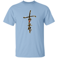 A light blue shirt with the text Faith with a white background
