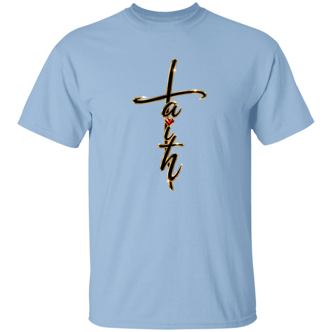 A light blue shirt with the text Faith with a white background