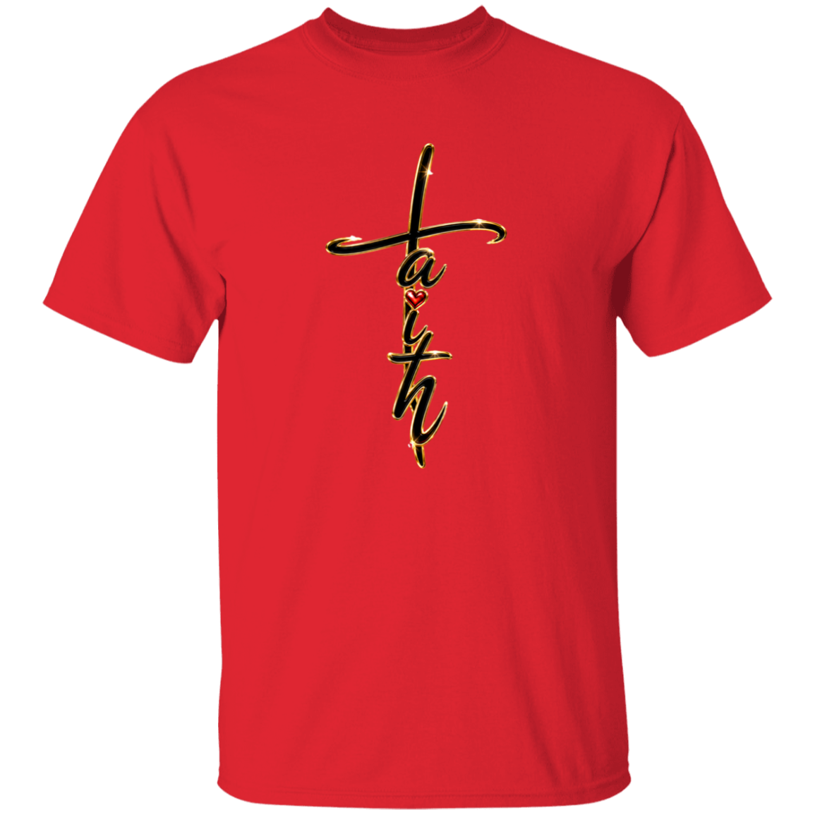 A red shirt with the text Faith with a white background
