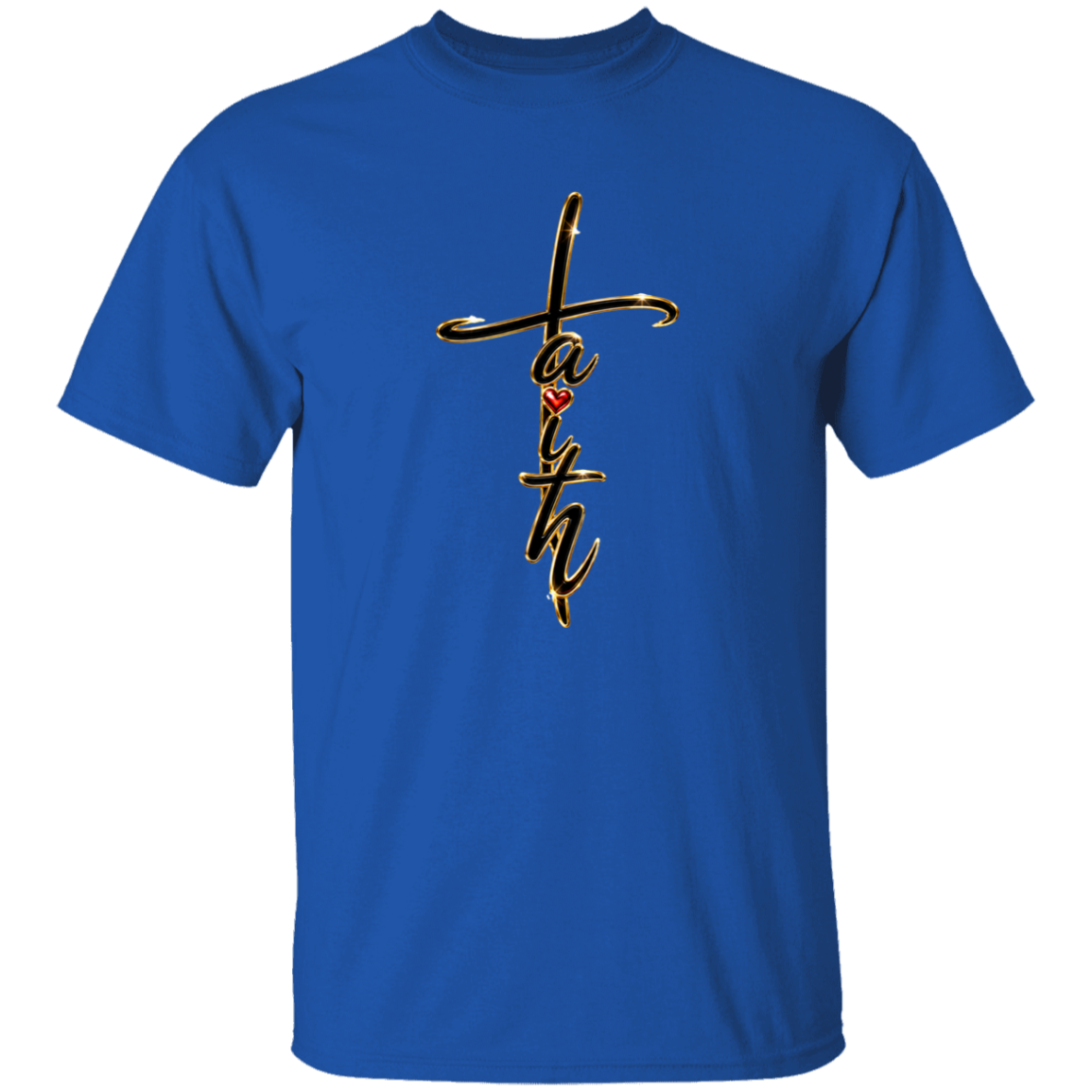 A royal blue shirt with the text Faith with a white background