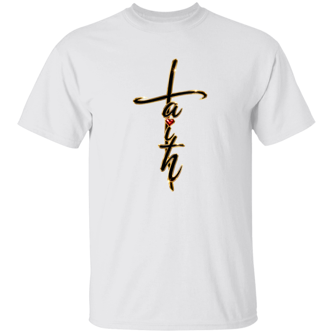 A white shirt with the text Faith with a white background
