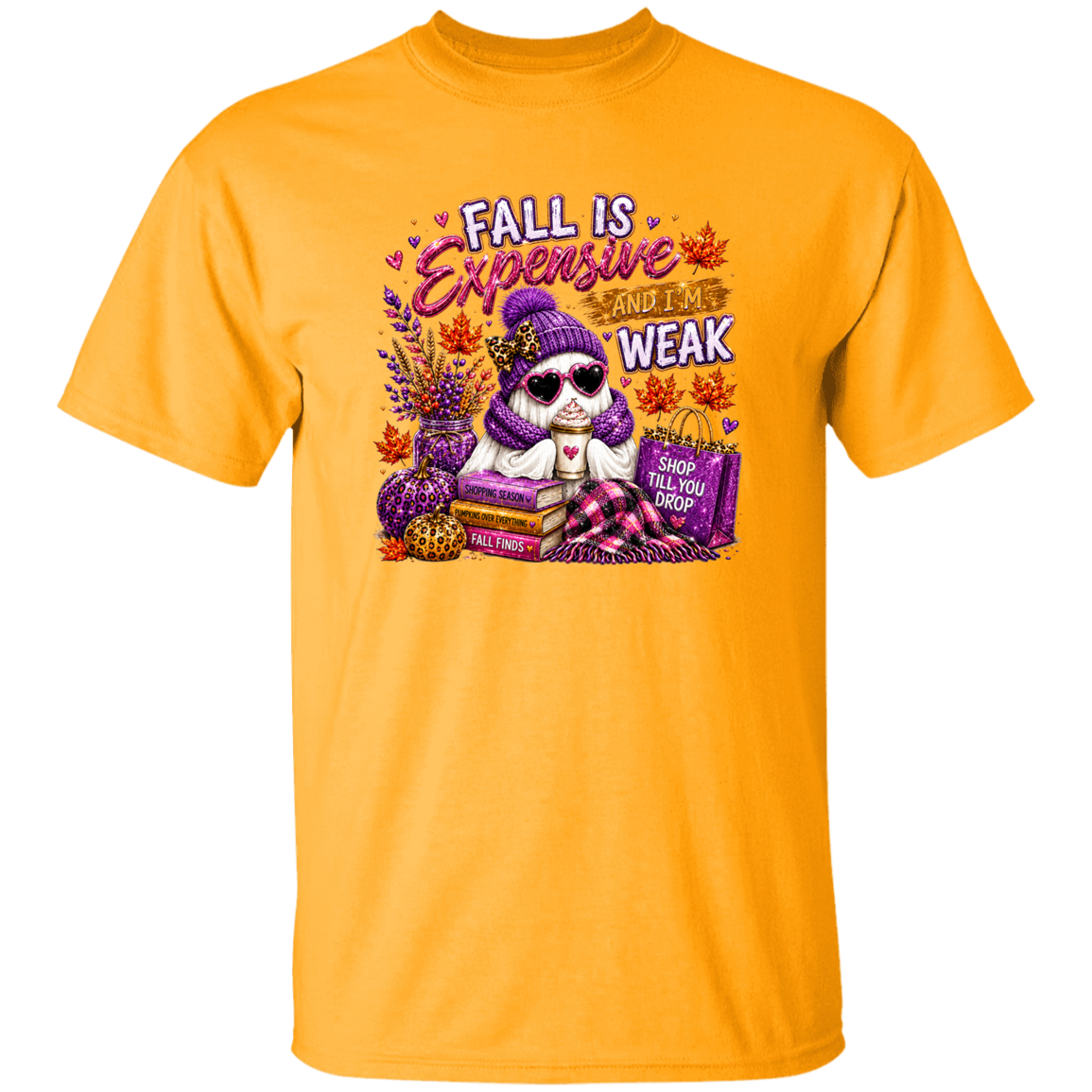 A bright yellow short-sleeve crewneck t-shirt featuring a colorful graphic on the chest. The graphic shows a white ghost wearing a purple knit hat and sunglasses, surrounded by purple shopping bags, fall leaves, and the text 'FALL IS Expensive AND I AM WEAK'.