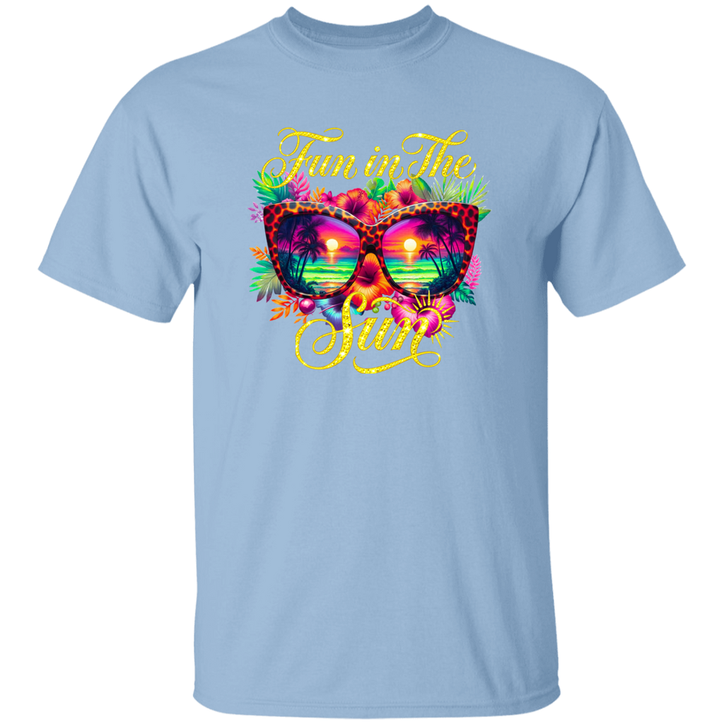 Light blue t-shirt with colorful sunglasses and 'Fun in the Sun' text design on a white background
