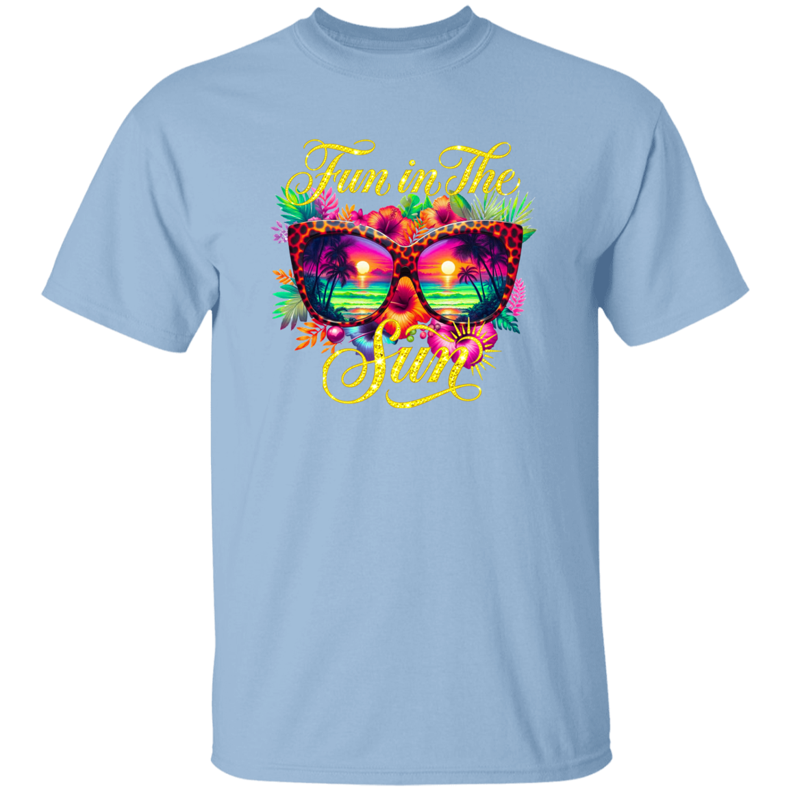 Light blue t-shirt with colorful sunglasses and 'Fun in the Sun' text design on a white background