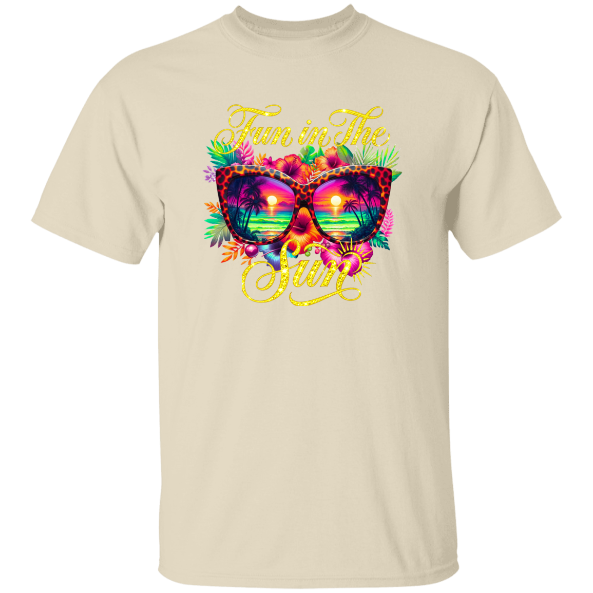 Beige t-shirt with colorful sunglasses and floral design on a white background