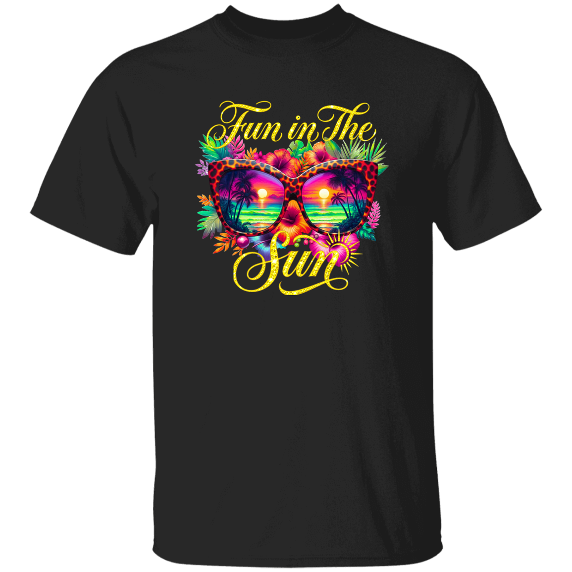 Black t-shirt with colorful sunglasses and 'Fun in the Sun' text design on a white background