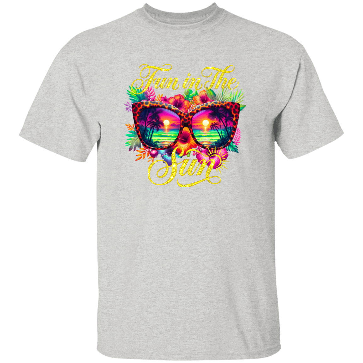 Gray t-shirt with colorful sunglasses and 'Fun in the Sun' text design on a white background