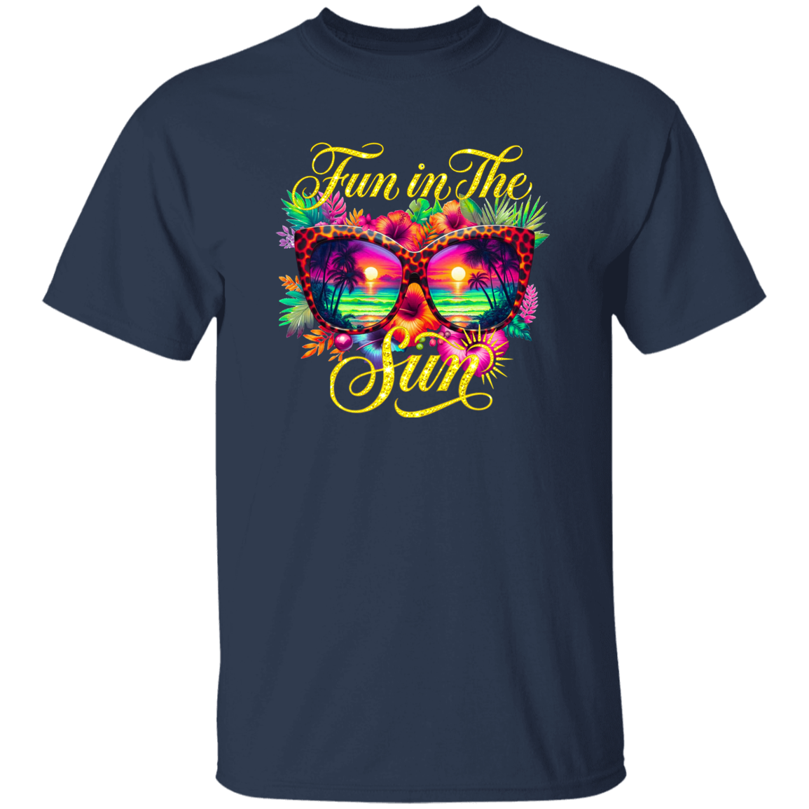 Navy blue t-shirt with colorful sunglasses and 'Fun in The Sun' text design on a white background