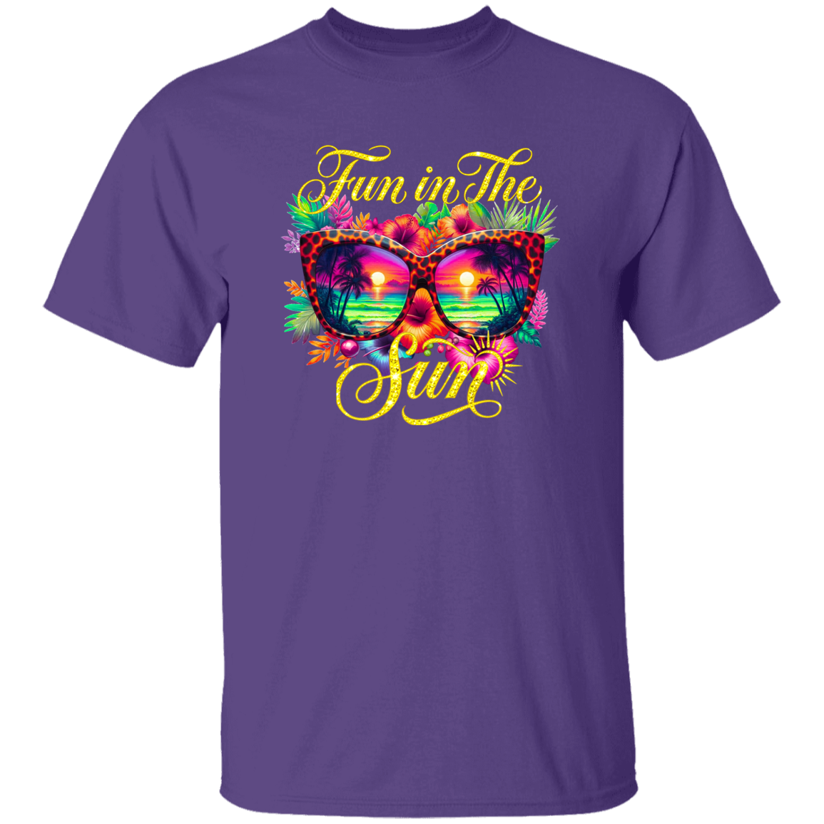 Purple t-shirt with sunglasses and 'Fun in The Sun' text design on a white background
