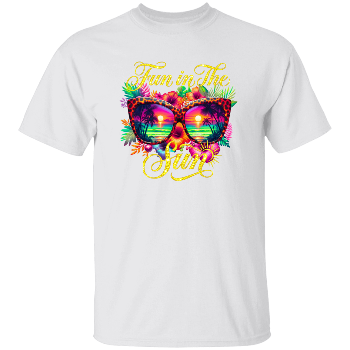 White t-shirt with colorful sunglasses and floral design on a white background