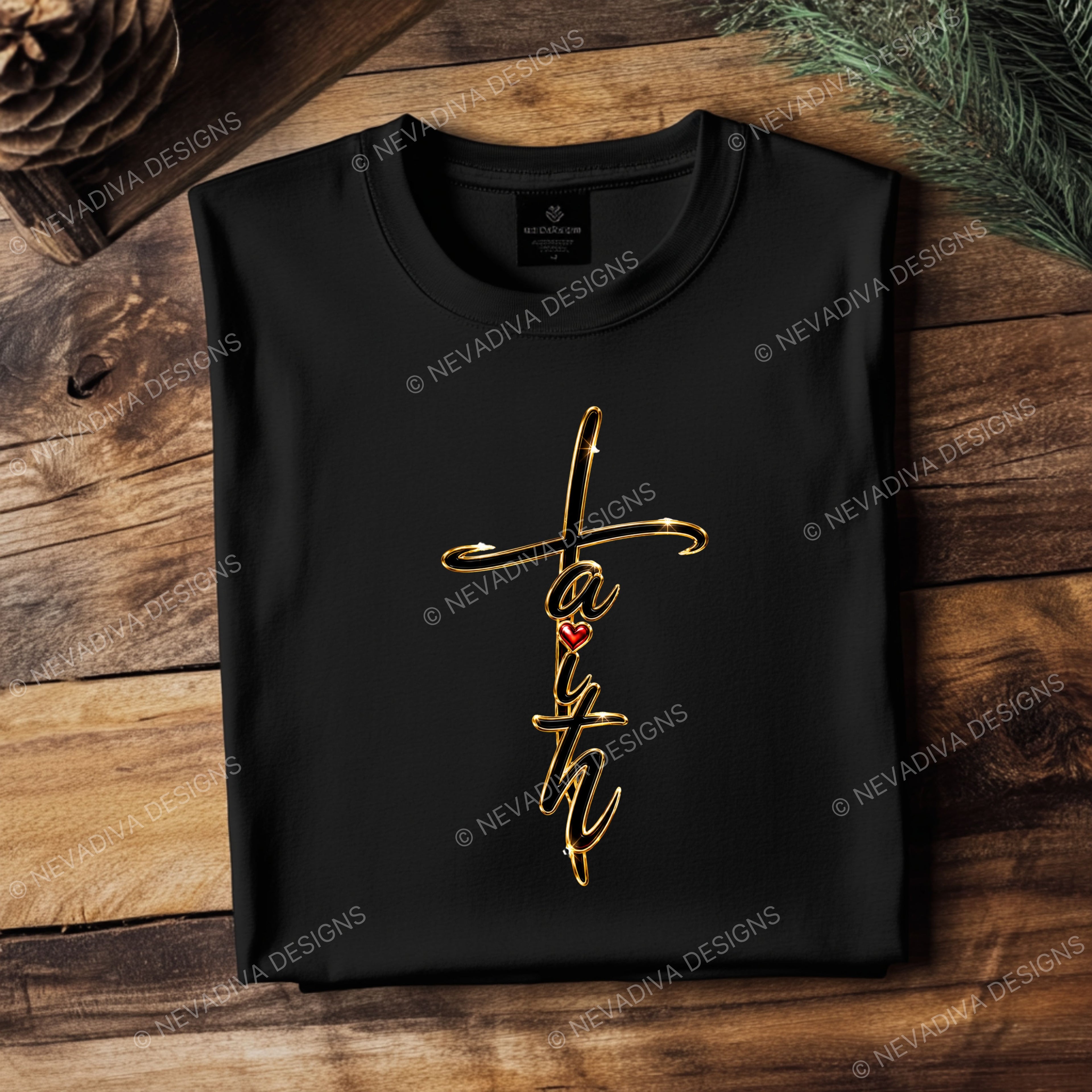A t- shirt with text Faith on a brown wooden flat surface