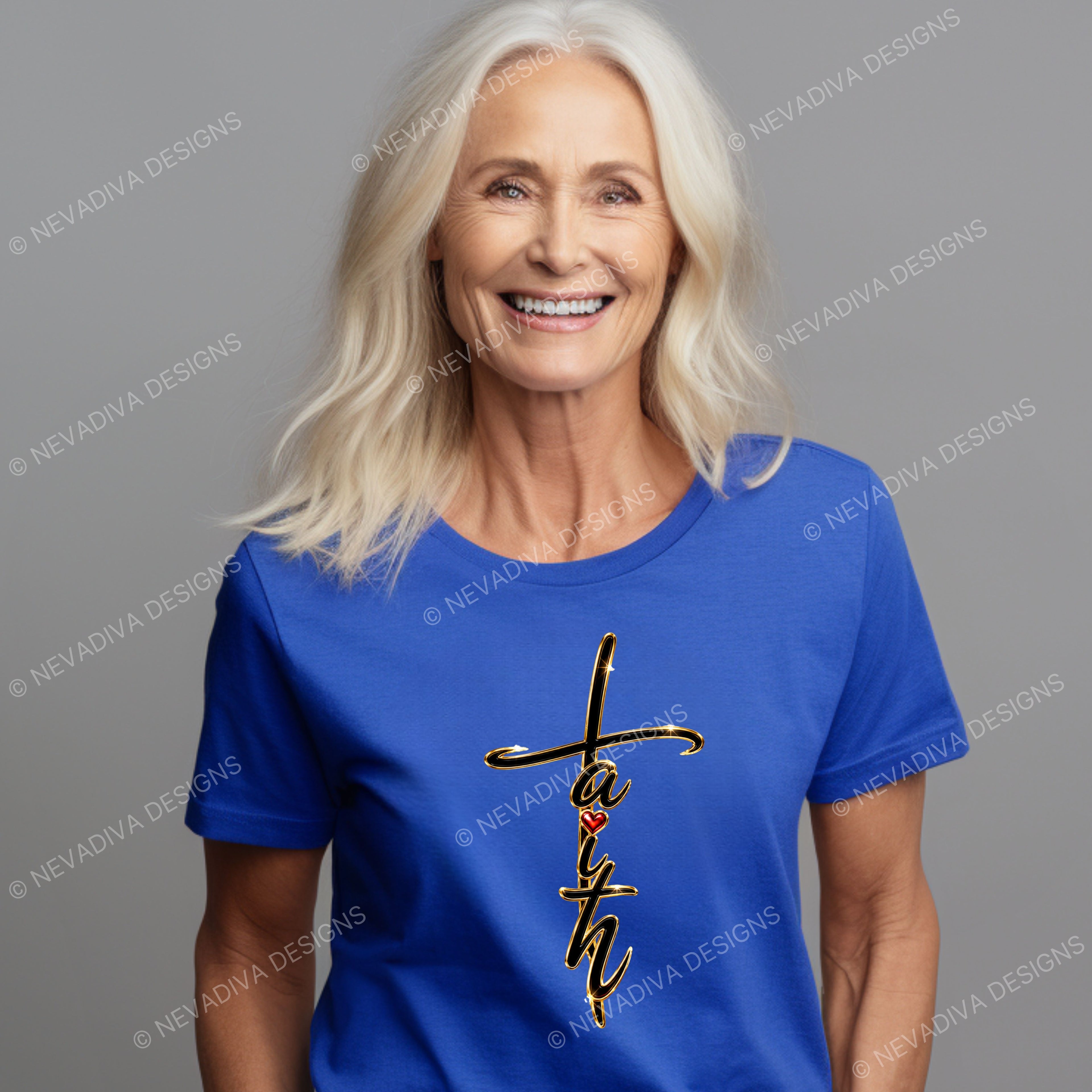 women wearing a blue shirt with text Faith with a white background