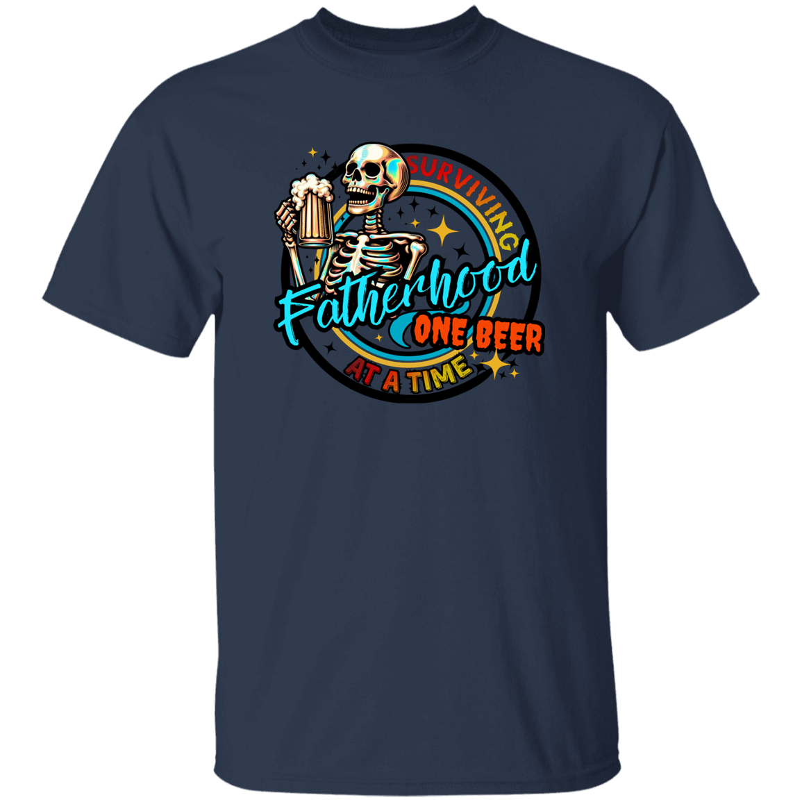 Navy blue t-shirt with a skeleton holding a beer and text 'Survived Fatherhood One Beer at a Time' on a white background