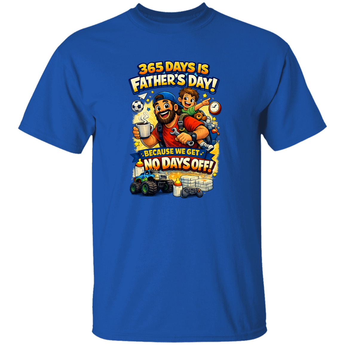 Blue t-shirt with Father's Day graphic featuring cartoon characters and text.