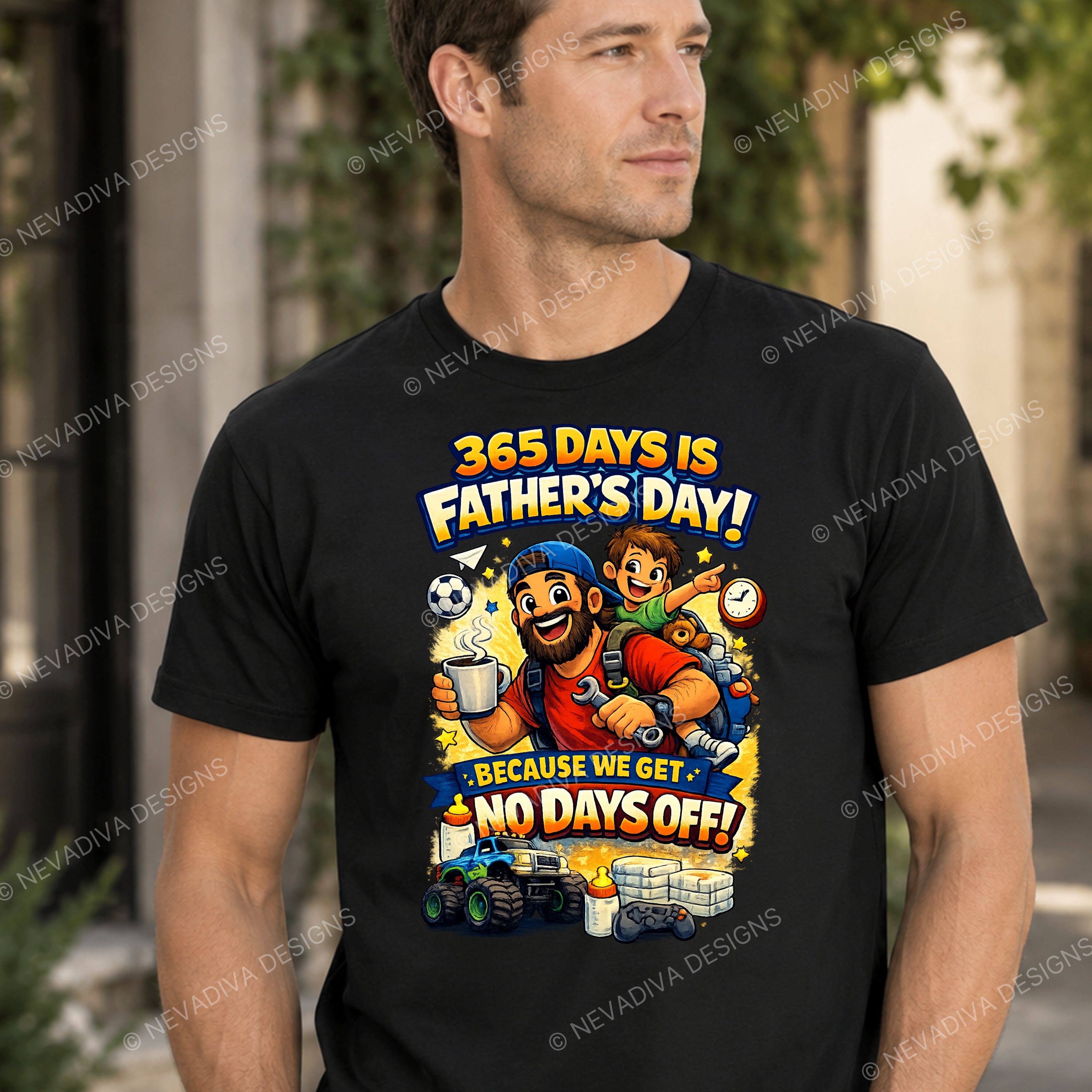 Man wearing a black t-shirt with a colorful graphic and text about Father's Day.