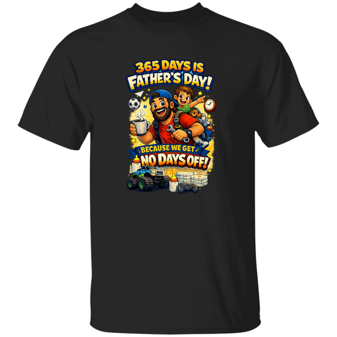 Black t-shirt with colorful graphic and text about Father's Day on a white background
