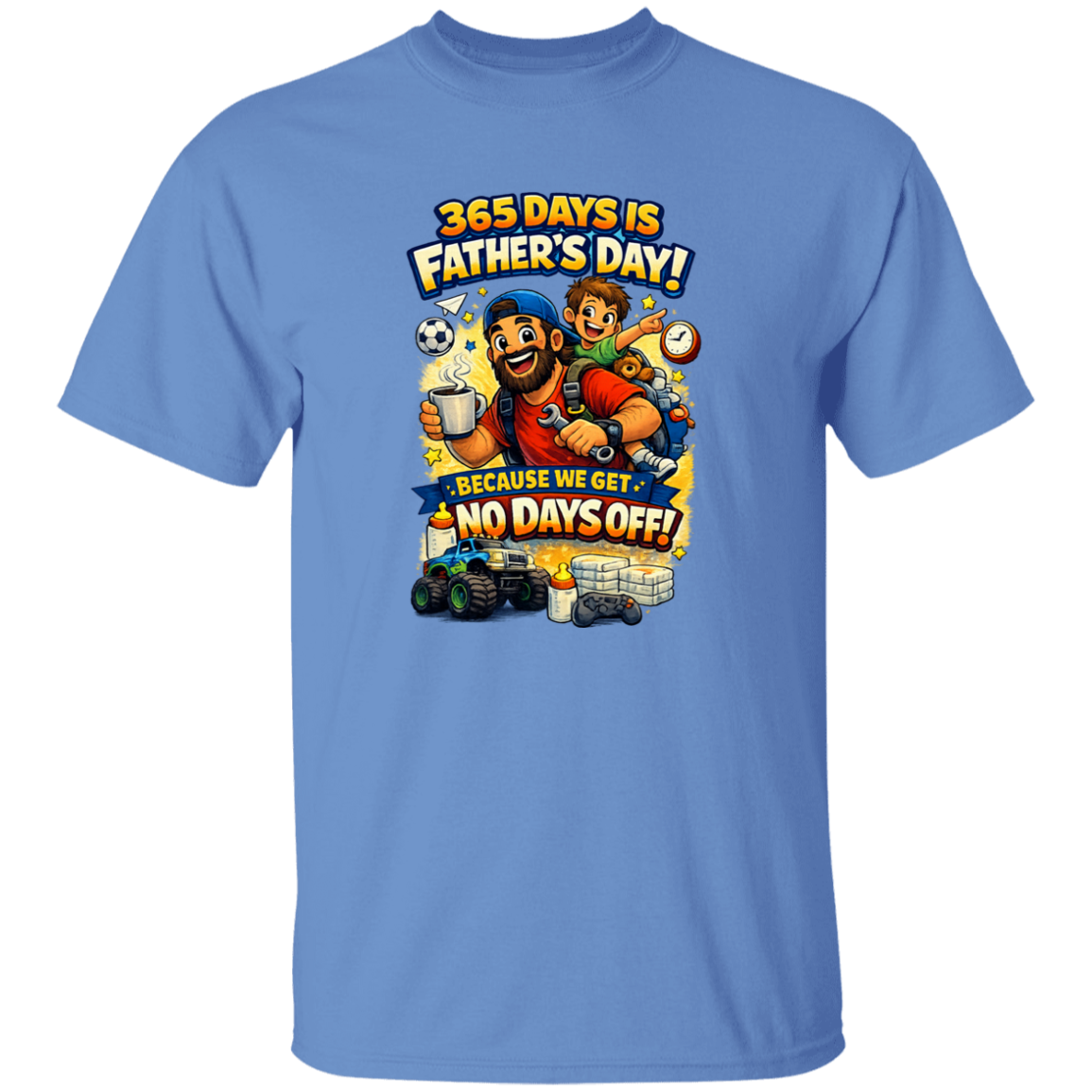 Light blue t-shirt with Father's Day graphic featuring two cartoon characters and text.
