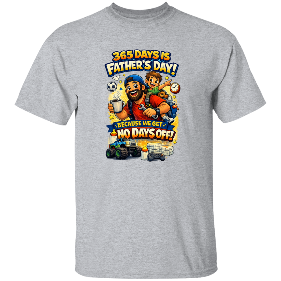 Gray t-shirt with Father's Day graphic featuring cartoon characters and text on a white background