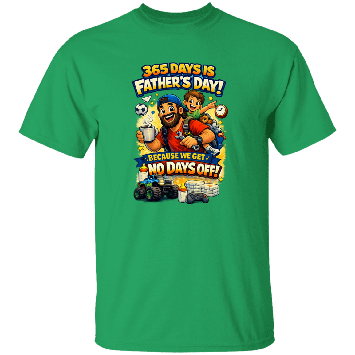 Green t-shirt with Father's Day graphic and text on a white background
