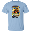 Light blue t-shirt with colorful graphic and text on a white background